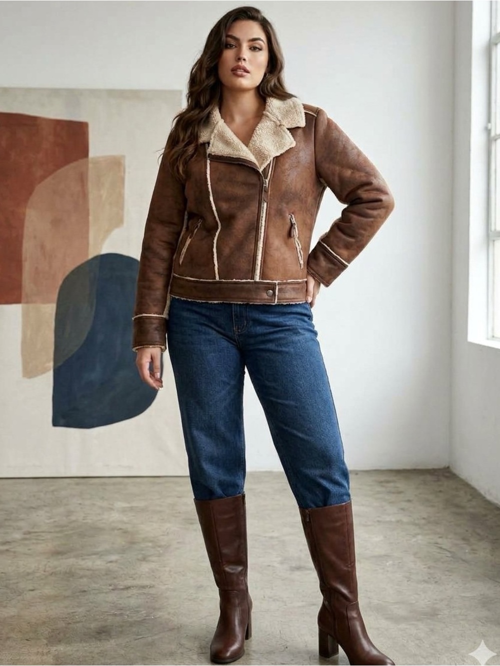 Marrakech Marissa Sherpa-Lined Moto Jacket Brown Distressed Shearling-Trim XXL